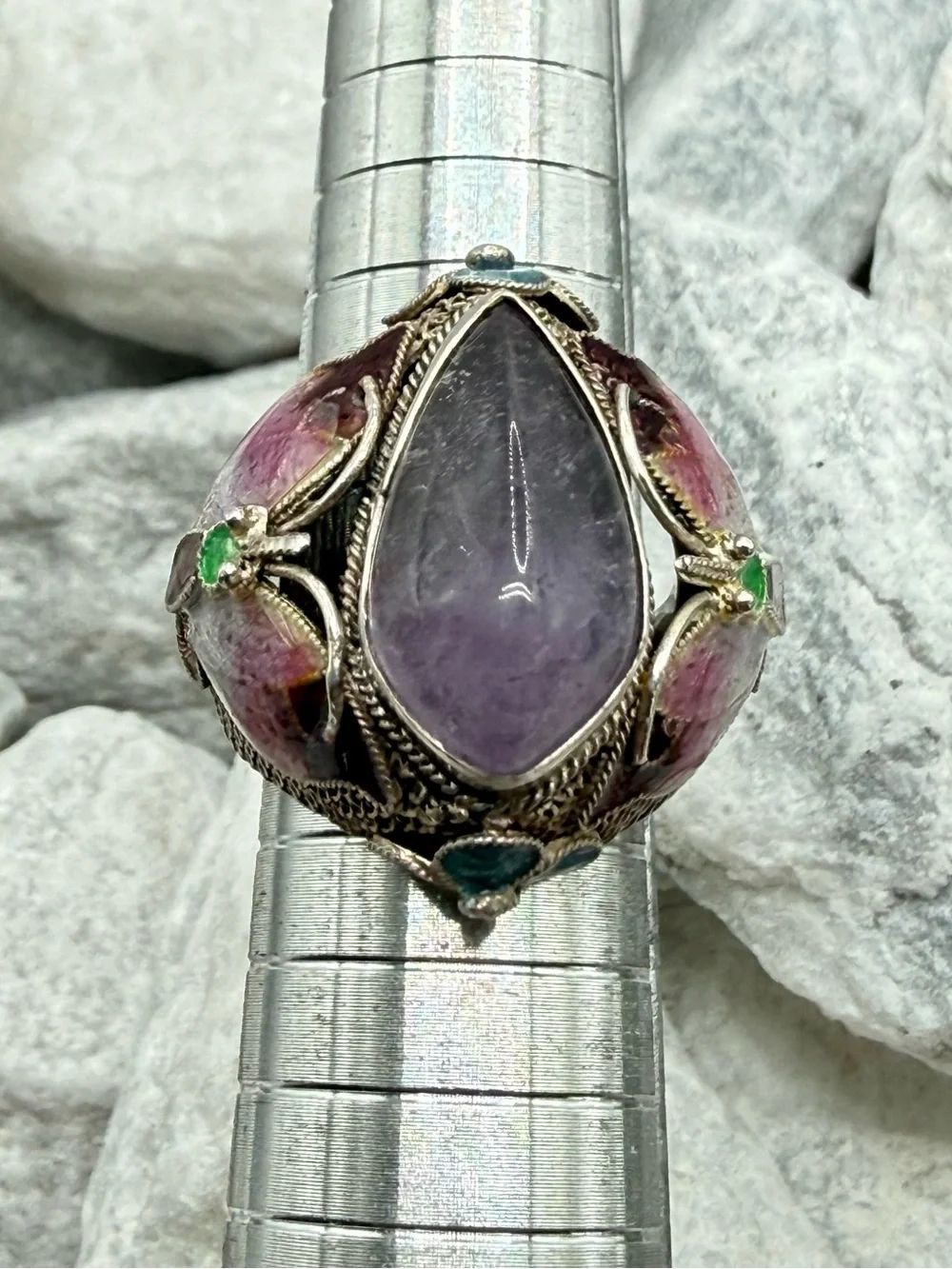 Vintage Chinese Export Sterling Silver Amethyst Enamel Butterfly Ring Size 7 10g